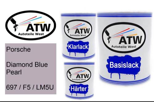 Porsche, Diamond Blue Pearl, 697 / F5 / LM5U: 1L Lackdose + 1L Klarlack + 500ml Härter - Set, von ATW Autoteile West.